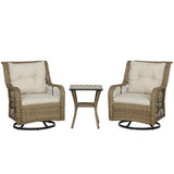 Outsunny PE Wicker Outdoor Bistro Set, Swivel Glider Patio Chairs and 2-Tier Storage Table with Slatted WPC Top, 3 Piece Patio F