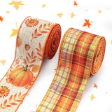 Threetols 2 Rolls 10 Yards Fall Wired Edge Ribbons, 2.5inch Orange Plaid Burlap Ribbons, Autumn Leaves Pumpkin Ribbon for Thanks