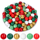 Whaline 240Pcs Christmas Wooden Beads Xmas Natural Red Green Gold Round Beads with Holes Colorful Rustic Craft Bead for DIY Maki