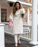 Anni Designer Women'S Cotton Blend Embroidered Straight Kurta With Pant (Mavak Cream_Xxl_Cream_Xx-Large),Cream,2XL,Cotton Blend,Regular,Pants