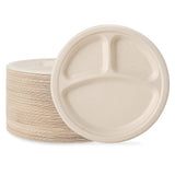 ECOLipak 125 Pack 3 Compartment Plates Disposable, 10 inch Heavy-Duty Compostable Paper Plates Made of Eco-Friendly Sugar Cane F