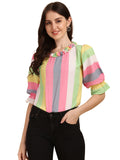 Wedani Women'S Casual Puff Sleeves Ruffled Collor Strip Top (Small Pink),Pink,S