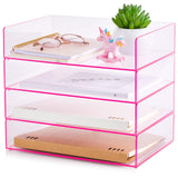 Harloon 4 Tier Paper Organizer Letter Tray Pink Acrylic Desk File Organizer Heavy Duty Stackable Documents Clear Letter Paper Ho