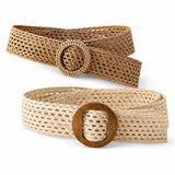 Fexlaro 2 Pcs Straw Woven Belt For Women, Boho Braided Waist Belt With Round Buckle, Adjustable Rattan Jute Style Dress Belt For
