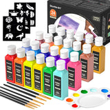 Shuttle Art Fabric Paint 24 Colors Permanent Soft Fabric Paint in Bottles (60ml/2oz) with Brushes &Stencils, Non-Toxic Textile P