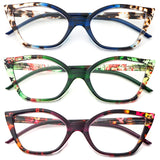 DXYXYO Floral Cat Eye Reading Glasses 2.0+ for Women 3 Pack Anti Blue Light Computer Readers Stylish Retro with Spring Hinge, Bl