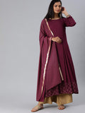 Anni Designer Women'S Rayon Gold-Toned Solid Kurta With Palazzos & Dupatta (Purple L),Purple,L,Rayon,Anarkali,Dupatta