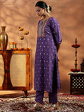 Libas Womens Woven Design Silk Blend Straight Kurta With Trousers And Dupatta Purple Xl 36870O