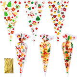Epakh 150 Sets Christmas Cone Shaped Cellophane Treat Bags Transparent Plastic Goodie Candy Bags with Twist Ties for Christmas G