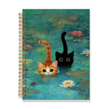 RLTXBUK Spiral Notebook 8.3x5.5 Inches, Cute Cats in Water Notebook, Orange and Black Cat Art Journal, Aesthetic Water Lily Line