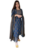 Gosriki Women'S Cotton Blend Straight Printed Kurta With Pant & Dupatta (Patni Blue_Xl-Gs_Blue_X-Large),Blue,,B0BFQX7V1X