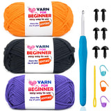 3 Pack Beginner Crochet Kit - Cotton-Nylon Blend Yarn for Crocheting & Knitting - Easy-to-See Stitches - 3x50g - Purple, Black,