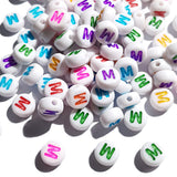 Yiizzxin 200pcs Colorful Acrylic Letter M Beads,4x7mm Round Flat Multicolor Letter M Beads,White Background Mixed Color Alphabet
