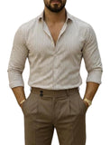 IndoPrimo Mens Striped Shirt, Premium Shirt, Slim Fit, Full Sleeve, Formal Casual Shirt, Button Down Cotton Shirt for Office, cream-coloured, S