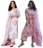 Anni Designer Women'S Cotton Blend Printed Straight Kurta With Pant & Dupatta Pack Of 2 (Combo-Cup-Off White-Chhapa-Pink_M_Multi_Medium),Multicolour,M