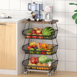 CHLORYARD Fruit Basket with Wooden Lid for Kitchen, 4-Tier Stackable Wire Fruit Vegetable Storage Basket Organizer Stand on Whee