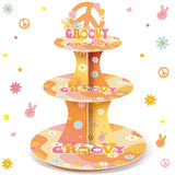 Nuenen 3 Tier Groovy Hippie Cupcake Stand Party Decorations - Retro Boho Holder With Daisy Flower and Rainbow Dessert Tower for