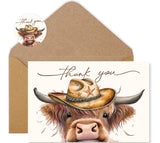 Whaline 36 Pcs Western Highland Cow Thank You Cards with Envelopes Stickers Cowboy Hat Cow Greeting Card Blank Note Card for Bir