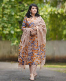 Gosriki Women'S Rayon Blend Printed Straight Kurta With Pant & Dupatta (Kalam Chiku-Gs_4Xl_Beige_Xxxx-Large),Beige,4,B0CX19QNZH