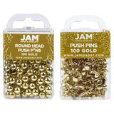 JAM PAPER Colorful Push Pins - Flat & Round Head Thumb Tack Combo Set - Gold Pushpins - 200/Pack