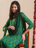 Anni Designer Women'S Rayon Blend Straight Bandhej Printed Kurta With Pant & Dupatta (Turae Green-Vks02_L_Green_Large),Green,L,,,