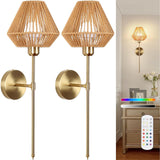 Battery Operated Wall Sconce Set of 2, Rattan Rechargeable Wall Light Dimmable with Remote Control, 15 Color Changing and Timer,
