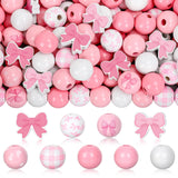 FYSUIMU 200 Pcs Pink Bow Wooden Beads Pink White Round Spot Plaid Craft Bead Cute Bowknot Shaped Wood Focal Beads for Mother's D