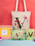 Doodle Monogram V Diary Gift Set With Tote Bag And Pouch | B6 Soft Bound Ruled Notebook | Stationery Gift Set For Women
