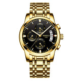 Nibosi Stainless Steel Chronograph Men'S Watch (Black Dial, Gold Colored Strap)