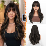 BARSDAR Brown Mix Blonde Highlight Layered Wig with Bangs - 20 Inch Layered Wig with Bangs for Women, Natural Looking Soft Wavy