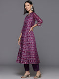 Varanga Women Purple Anarkali Kurta With Mandarin Collar And Three-Quarter Sleeves, Bandhani Print Purple 2Xl