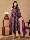 Gosriki Women'S Cotton Blend Anarkali Printed Kurta With Pant & Dupatta (Dabu Wine-Fka-Gs_Xl_Wine_X-Large),Wine,,B0CTXH7VTN