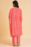 W For Woman Geometric Knee Length Cotton Woven Women'S Kurta Pant Dupatta Set (Red,Large)