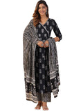 Tee Projekt Anarkali Kurta Pants in Cotton Blend with V-Neck and Dupatta Set for Women, black, XXL
