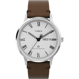 Timex Mens Waterbury Classic 40mm Watch - Brown Strap White Dial Stainless Steel Case