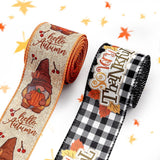 Threetols 2 Rolls 10 Yards Fall Wired Edge Ribbons, 2.5inch Black White Plaid Burlap Ribbon, Autumn Leaves Gnomes Pumpkin Ribbon