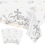 Ganeen 3 Pcs Baptism Tablecloth First Holy Communion Tablecloth White Silver God Bless Disposable Plastic Waterproof Cross Table