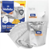 Wallaby 50 Count 1-Gallon Gusset Mylar Bags with Labels, 15 Mil Total Thickness Long-Term Food Storage Pouches, 14x10 Stand-Up Z
