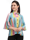 Wedani Women'S Casual Bell Sleeves Colour Block Women'S Multicolour Top Blue,Blue,M,Polyester,A-Line,