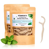FAMILIFE Eco-Friendly Floss Picks (200Pcs) - Plant Based Dental Floss Picks with Strong Toughness, Natural Tooth Picks Flossers