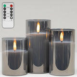 COVEGE Grey Glass Flameless Candles with Timer - Battery Operated Candles with 10-Key Remote, Real Wax LED Flickering Pillar Can
