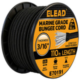 Heavy Duty Bungee Cord Roll, 3/16 x 110ft Marine Grade Outdoor Bungee Cords, Black Super Elastic Shock Cords, Long Cord for Carg