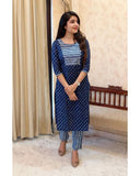 Anni Designer Women'S Cotton Blend Straight Printed Kurta With Pant (Kuhoo Blue_S_Blue_Small),Blue,S,Cotton Blend,Regular,Kurta