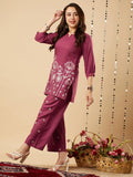 Gosriki Women'S Cotton Blend Straight Embroidered Co-Ord Set (Sapna Wine-Gs_S_Wine_Small),Wine,,B0CHSFPCVG