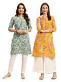 rangita Yellow & Mint Green 100% Cotton Knee Length Printed Straight Kurti for Women | Kurta for Women_XL (Pack of 2)
