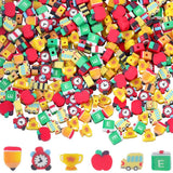 SUNNYCLUE 300Pcs 6 Styles Polymer Clay Beads Back to School Charms Apples Pencil School Bus Clock Letter E Heishi Spacer Beads f