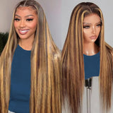 OOVVDA 30 Inch Highlight Ombre Lace Front Wig Human Hair 13x6 HD Transparent Straight Lace Front Wigs 200% Density 4/27 Colored