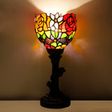 AVIVADIRECT Small Tiffany Lamp Mini Stained Glass Table Lamp Red Rose Accent Desk Uplight W6H 13.5 Inch Bronze Resin Base