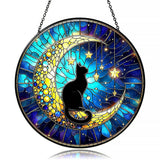 Midnight Black Cat on Moon Stained Glass Suncatcher - Celestial Window Hanging Decor for Feline Lovers, Heartfelt Pet Loss Memor