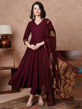 Gosriki Women'S Rayon Blend Solid Anarkali Kurta With Pant & Dupatta (Magic-Wine-Nb-Gs_S_Wine_X-Small),Wine,,B0DFYN8X4K